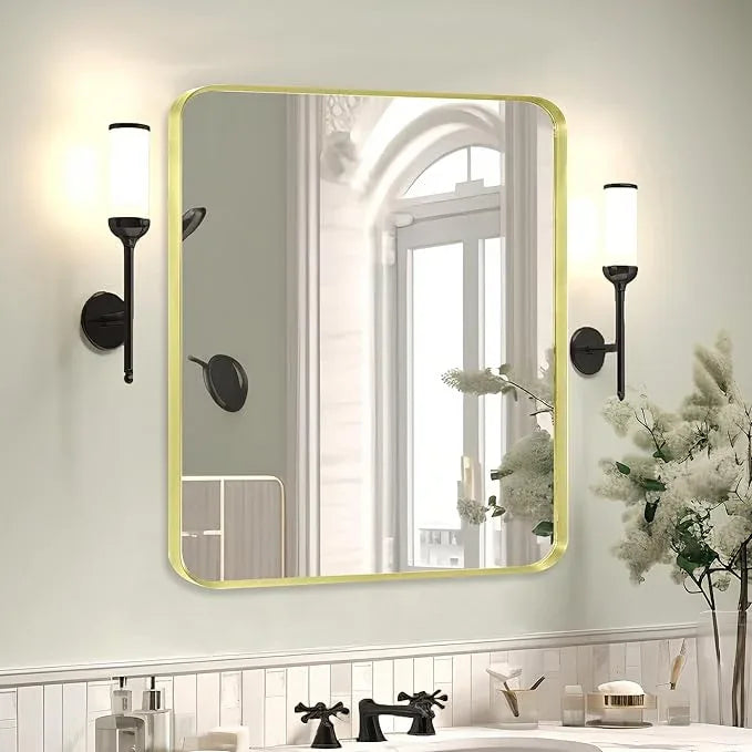 Minuover Gold Metal Framed Bathroom Mirror for Wall, Brushed Gold Rounded Corner Rectangular Bathroom Vanity Mirror, Anti-Rust, Tempered Glass (30" x 36", Gold) - ModernBath