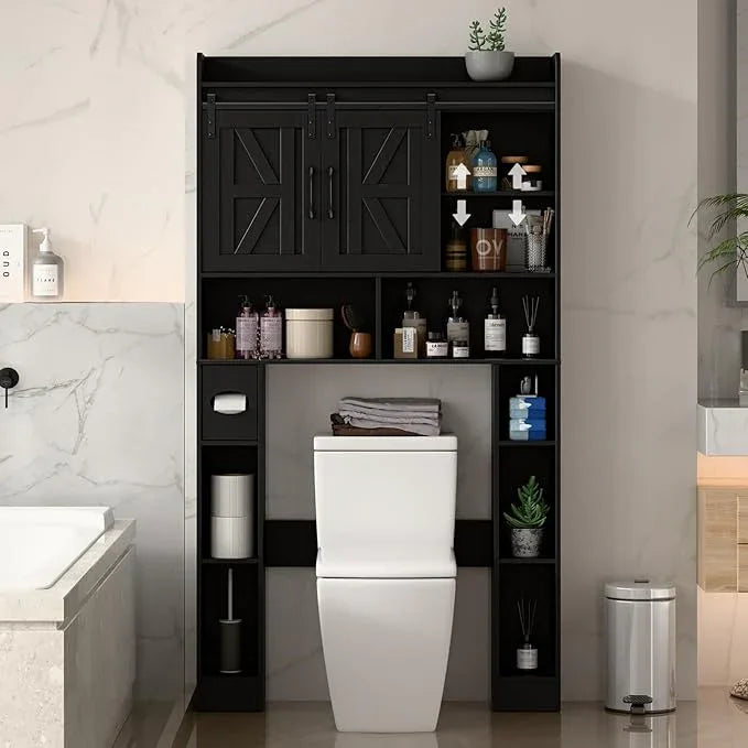 Farmhouse Storage Cabinet Over Toilet with Sliding Doors，Over The Toilet Storage Cabinet, Home Space-Saving Toilet Rack, for Bathroom, Restroom, Laundry.Pure Black - ModernBath