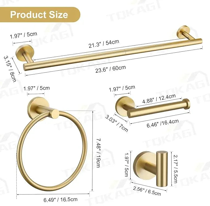 TQKAG 5 Piece Bathroom Accessories Set Brushed Gold Bathroom Hardware Set 23.6 Inch Bath Towel Bar Set SUS304 Stainless Steel Towel Rack Set - ModernBath