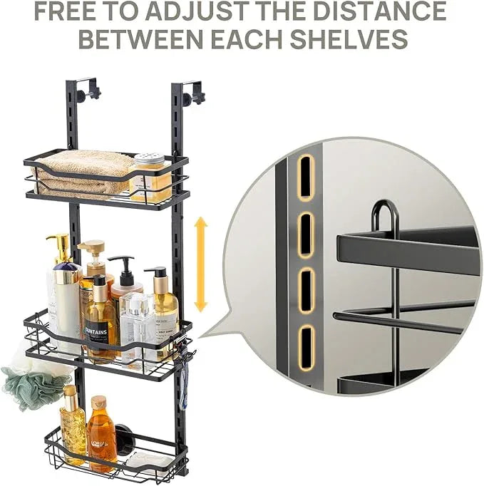 LEVERLOC Over The Door Shower Caddy, Shelf Distance Adjustable Hanging Rack Sturdy Rust Proof Bathroom Shelves with Strong Suction Cup, Shower Organizer Basket Storage Rack, Metal Black - ModernBath