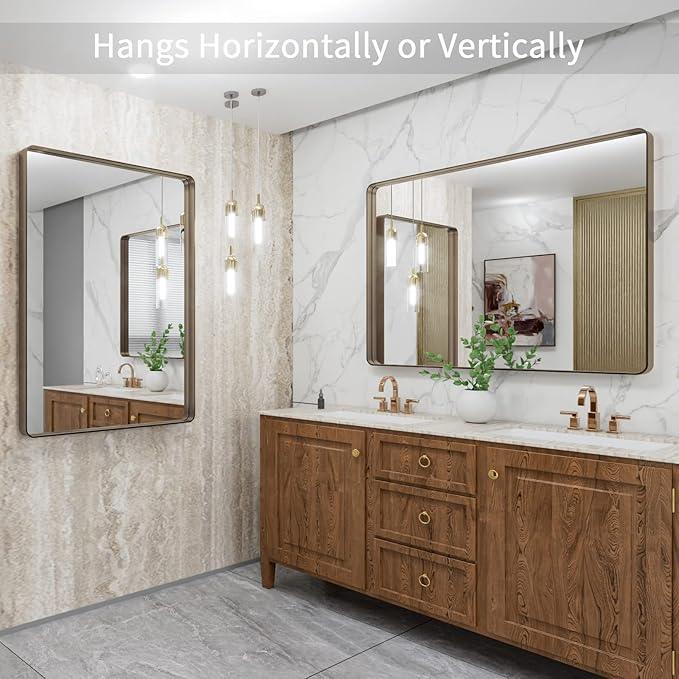 LOAAO 40”X30” Bronze Bathroom Mirrors for Vanity, Rounded Rectangle Brushed Bronze Metal Frame Mirror, Anti-Rust, Tempered Glass, Hangs Horizontally or Vertically - ModernBath