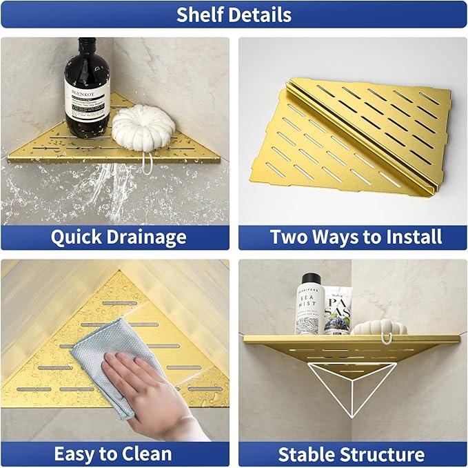 Corner Shower Shelf, 304 Stainless Steel Bathroom Shelf for Tiled Wall, Grout in Shelves (Gold, 10"-2 Pack) - ModernBath