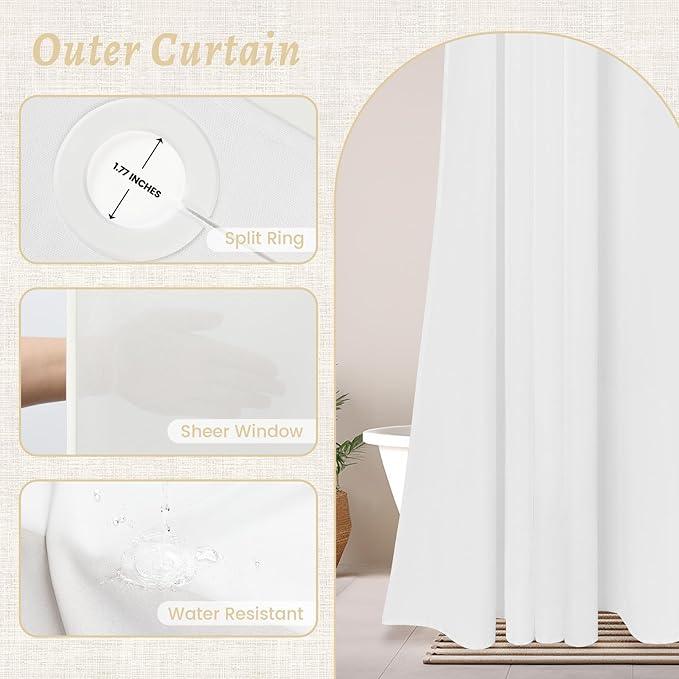 WONICY Extra Long No Hook Shower Curtain with Snap in Liner, Polyester Textured Shower Curtain with Liner Set, Waterproof Washable Hotel Style Shower Curtains for Bathroom, 71Wx86H, White - ModernBath