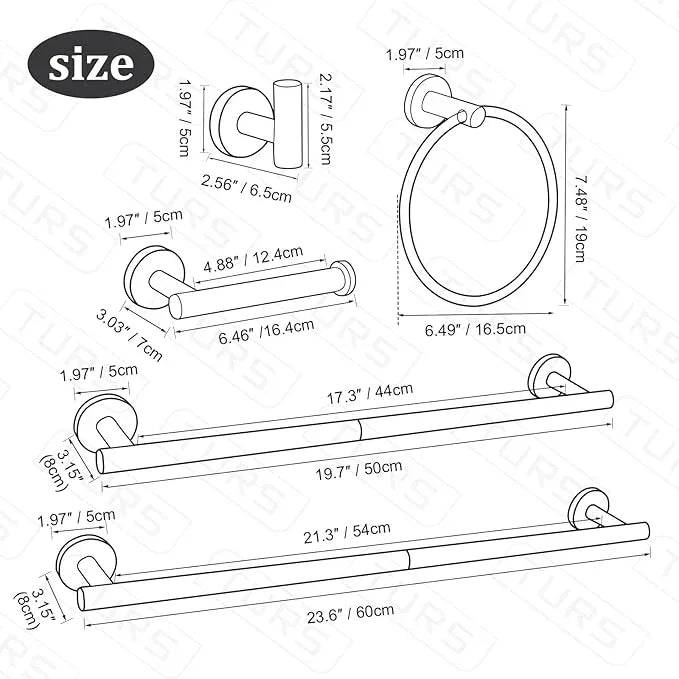 TURS Matte Black 8 Pieces Bathroom Hardware Set, SUS304 Stainless Steel 24 Inch and 20 Inch Bath Towel Bar Set, Round Bathroom Accessories Kit Wall Mounted Towel Holder - ModernBath
