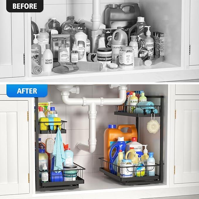 WOWBOX Under Sink Organizer 2 Pack, 2-Tier Cabinet Organizer for Kitchen, Bathroom, Slide Out Drawer Under Sink Organizers and Storage, Metal Organizing Rack for Pantry, Cabinet, Closet - ModernBath