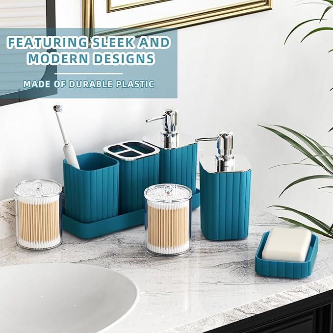 XLHOMO Bathroom Accessories Set - Gorgeous Bathroom Set, 10PC Teal Bathroom Accessory Set, Toilet Brush, Trash Can, Qtip Holder Dispenser & Soap Dispenser - ModernBath