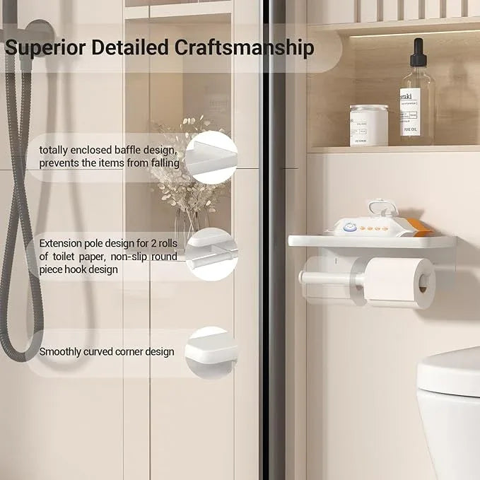 Double Toilet Paper Holder with Shelf,LigoVenmo Toilet Paper Holder Wall Mount - Modern Minimal Aluminium Design,Adhesive or Screw Bathroom White Toilet Paper Roll Holder with Wipes Storage - ModernBath