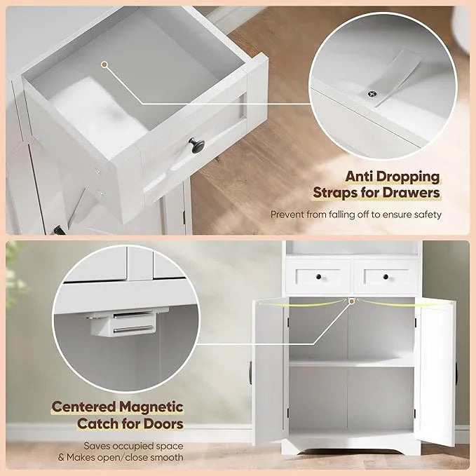SUPER DEAL Farmhouse Storage Cabinet, Bathroom Floor Cabinet Kitchen Pantry with Doors and Drawers, Hutch Cupboard for Laundry, Living Room, Bedroom, White - ModernBath