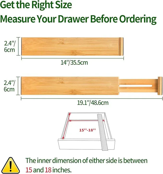 VaeFae 6-Pack Bamboo Drawer Dividers – Adjustable 14"-19.1" (Fits 15"-18" Drawers ONLY), Spring-Loaded Expandable Organizer for Kitchen, Bedroom, Office & Bathroom, MUST MEASURE Before Purchase | 6 Pack, Adjustable, Expandable, Organization - ModernBath