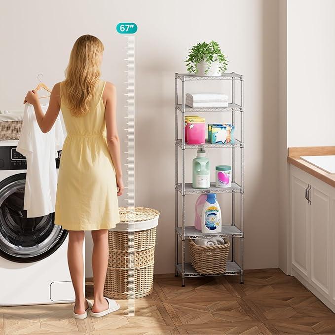 SINGAYE 6 Tier Shelf Wire Shelving Adjustable Storage Shelves Rack Standing Units for Kitchen Closet Laundry Bathroom Organizers Metal Pantry Narrow Mesh Gaps 10" D x 16" W x 60" H Gray - ModernBath