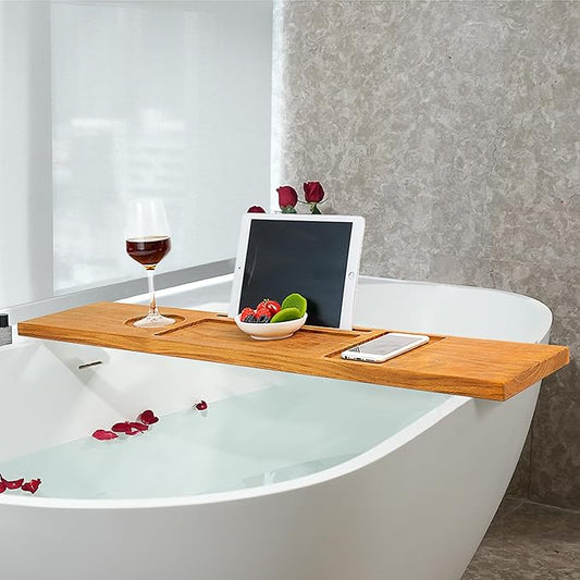 VaeFae Teak Bathtub Tray Table, Wooden Bath Board for Tub with Wine and iPad Holder