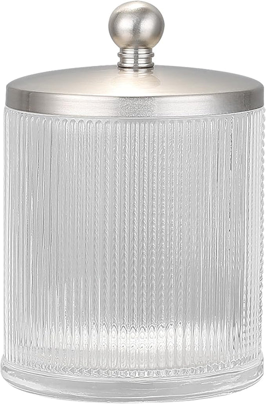 Indecor Home Clear Transparent Apothecary Ribbed Geometric Etched Glass Jar W/Satin Nickel Metal Lid for Bathroom Organization, Cotton Balls, Q Tips, and Small Accessories, Bathroom Storage