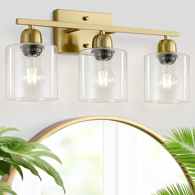 FAISHILAN Modern Brushed Gold 3 Light Bathroom Light Fixtures, 19 inch Vanity Lights for Bathroom with Clear Glass, Bathroom Lighting Fixtures Over Mirror for Mirror Kitchen Living Room - ModernBath