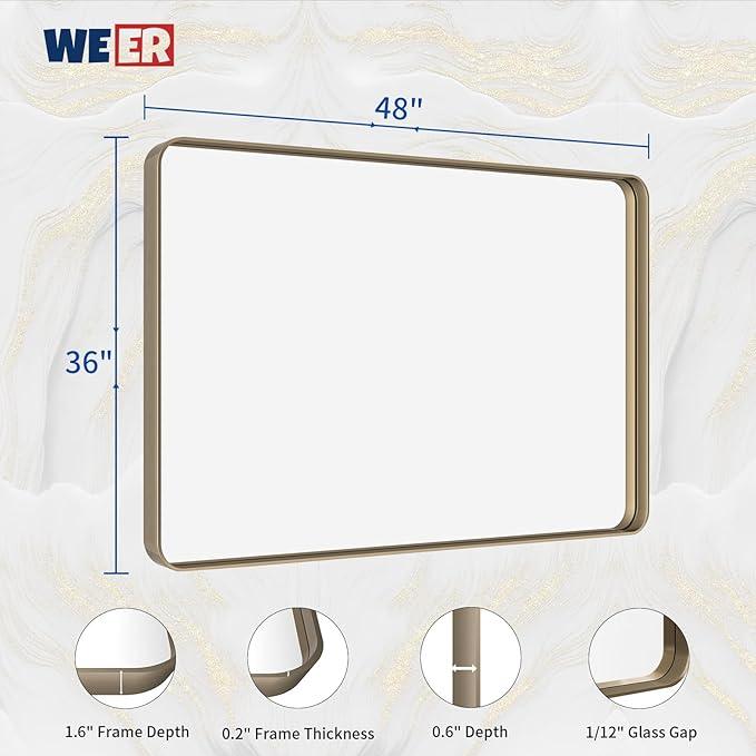 WEER Bronze Bathroom Mirror 48x36 Inch, Farmhouse Oil Rubbed Bronze Mirror for Wall, Aluminum Alloy Brushed Bronze Metal Frame Mirror for Vanity, Tempered Glass, Anti-Rust (Horizontal/Vertical) - ModernBath