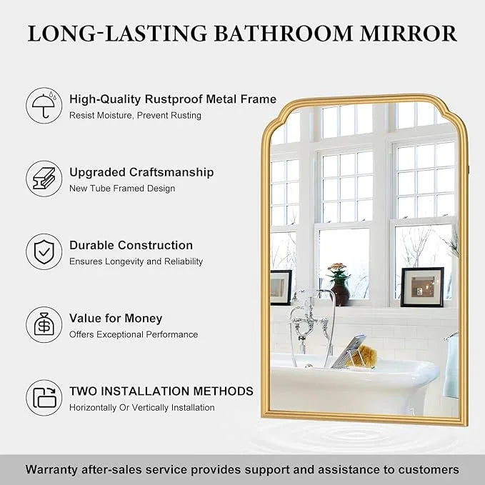 Ferytange 20X30 Inch Gold Bathroom Mirror for Wall, Modern Rounded Corner Rectangle Mirror with Non-Rusting Iron Metal Framed Bathroom Vanity Mirror for Over Sink Wall Decor(Tempered Glass) - ModernBath