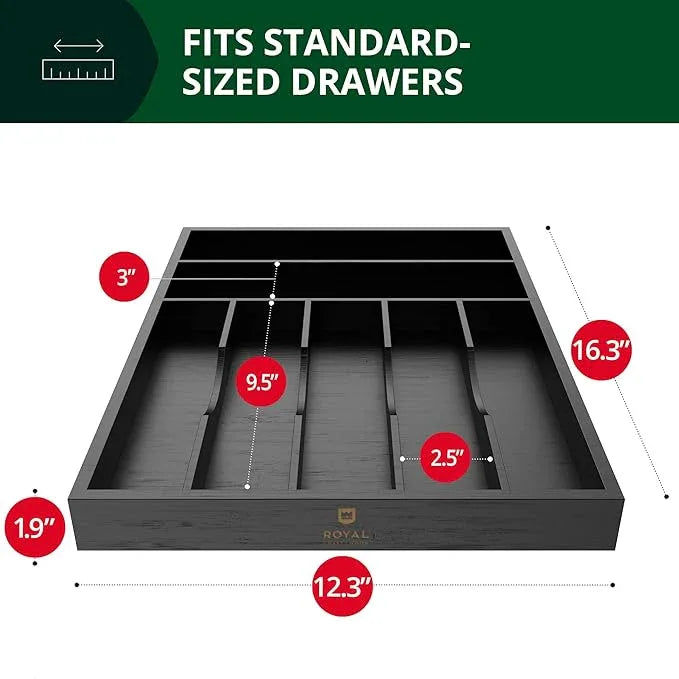 ROYAL CRAFT WOOD Luxury Bamboo Kitchen Drawer Organizer - Silverware Organizer - Utensil Holder and Cutlery Tray with Grooved Drawer Dividers for Flatware and Kitchen Utensils (7 Slot, Black) - ModernBath
