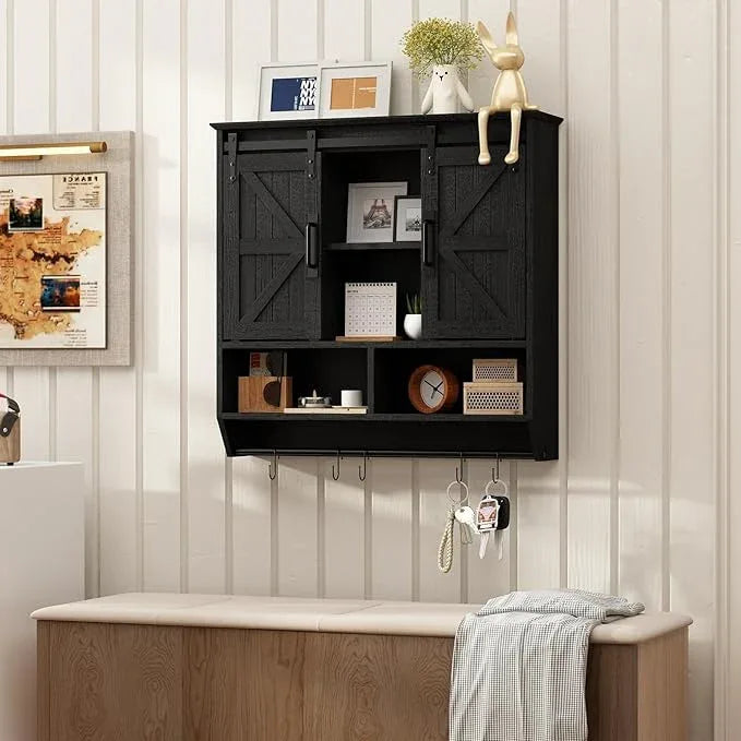 RUSTOWN Farmhouse Bathroom Wall Cabinet,3-Tier Rustic Wood Wall Mounted Cabinets,Vintage Medicine Cabinet with Sliding Barn Door and Adjustable Shelves,Over The Toilet Storage Cabinet (Black) - ModernBath