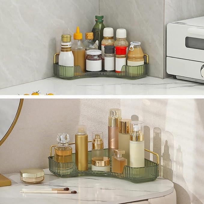 INVSSENE Corner Bathroom Countertop Organizer, Vanity Organizer Trays for Counter, Makeup Organizers, Perfume Tray, Skincare Shelf Storage Gifts for Women Girl Student (Green, 1 Tier) - ModernBath
