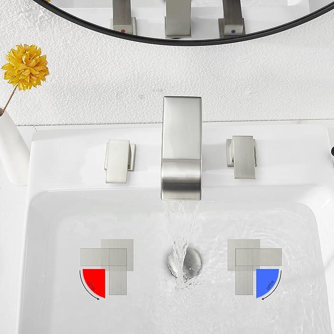 Waterfall Widespread Bathroom Faucet Brushed Nickel GGStudy 3 Holes 2 Handle Modern Bathroom Sink Faucet with Pop Up Drain - ModernBath