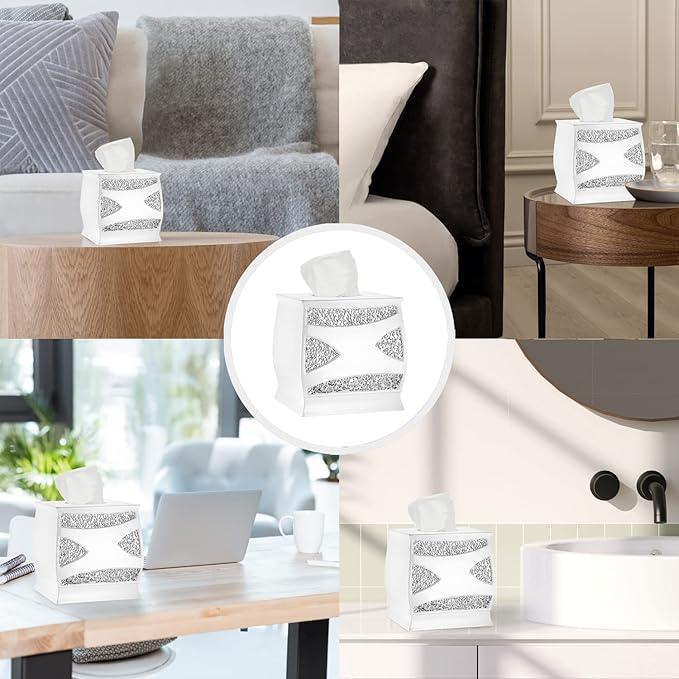 Zahari Home 2pc Sinatra White Modern Bath Accessories Set Waste Basket & Tissue Box Modern Decorative Beautiful Designs Bathroom Decor Set for Home Luxury Bath Set Mosaic Glass - ModernBath