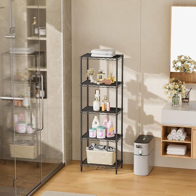 SINGAYE Metal Shelves Wire Shelving：Storage Rack Standing Units Shelf for Kitchen Laundry Bathroom Closet Organizers Pantry Narrow Mesh Adjustable 10" D x 16" W x 55" H Black | Shelf, Adjustable, Rack, for Kitchen, for Closet, for Laundry - ModernBath