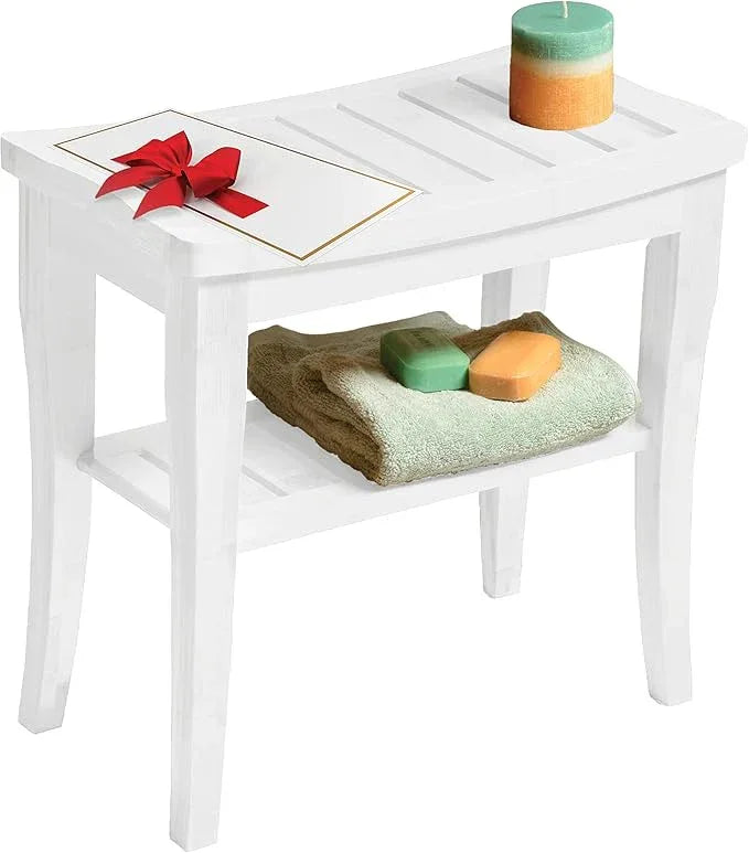 Bambüsi Bamboo Shower Bench Spa Stool - Wood 2-Tier Seat, Foot Rest Shaving Stool with Non-Slip Feet + Storage Shelf - Seat or Organizer for Bathroom, Living Room, Bedroom and Garden Décor (White) - ModernBath