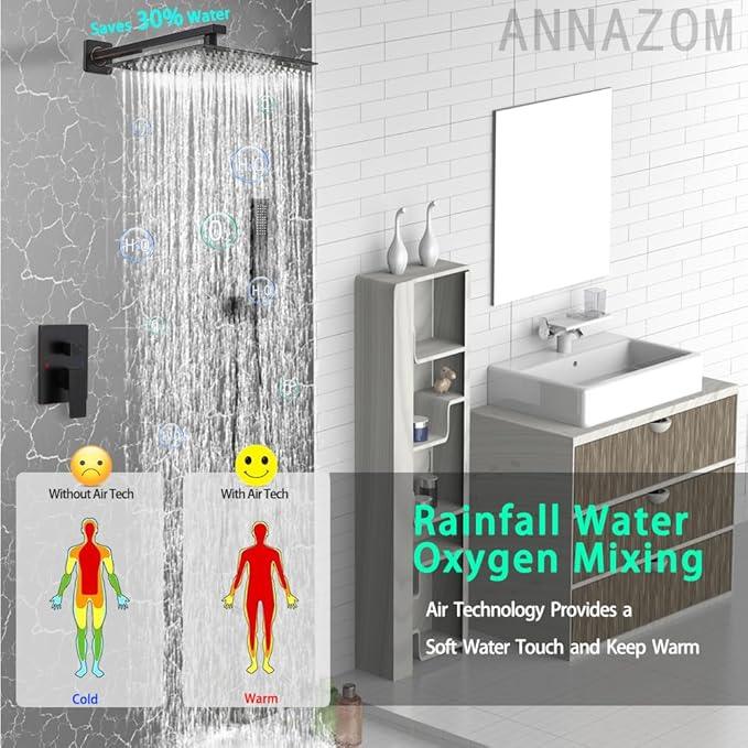 annazom Oil Rubbed Bronze rain Shower Faucet Set Shower System 12 Inches Square Shower Head with Handheld, Waterfall Showerhead, All Metal Shower Faucet Trim Repair Kits (Contain Shower Valve) - ModernBath
