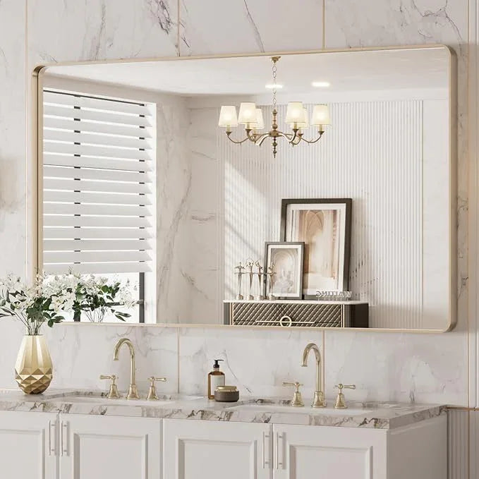 LOAAO 50”X30” Gold Bathroom Mirror, Rounded Rectangle Gold Frame Mirror, Brushed Gold Bathroom Vanity Mirror Wall-Mounted, Anti-Rust, Tempered Glass, Hangs Horizontally or Vertically - ModernBath