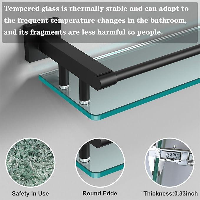 Bathroom Glass Shelf 20IN Rectangular Stainless Steel Tempered Glass Shelves Modern Stainless Steel Wall Mount Bathroom Shelf (Matte Black, 20‘’) - ModernBath