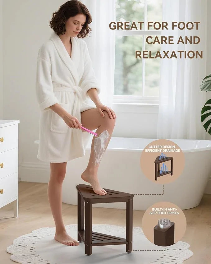 Shower Foot Rest 15in, HDPE Waterproof Shower Stool for Inside Shower, Corner Shower Stool for Shaving Legs with Storage Shelf for Small Space, Shower Step Stool, Plastic Corner Shower Bench, Brown - ModernBath