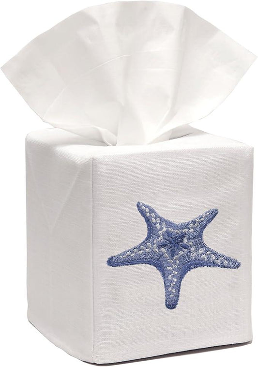 Jacaranda Living Square Tissue Box Cover, Linen/Cotton Fabric Tissue Holder, Decorative Cloth Tissue Cube Cover, Coastal Designs Morning Starfish (Blue) - ModernBath