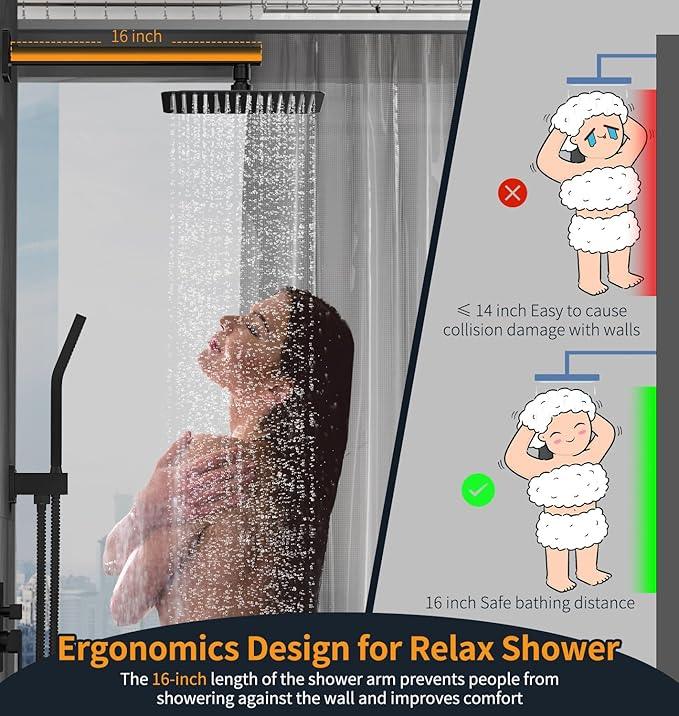 SR SUN RISE Black Square Rainfall Shower Head and Handle Set, Wall Mounted Shower Fixtures, Metal Shower Faucet Trim Repair Kits (With Shower Valve) - ModernBath