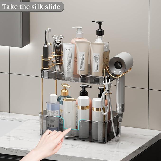 YCIA&DONE Bathroom Counter Organizer, Large Makeup Organizer Countertop, Shelf Storage, Vanity Tray, Easily Assemble for Bathroom Organizers and Storage, Undersink, Cabinet, 2 Tiers Grey - ModernBath