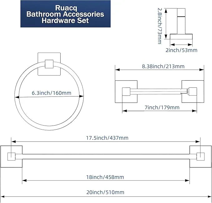 RUACQ 3 Pieces Bathroom Hardware Set, SUS 304 Stainless Steel Toilet Paper Holder, Towel Ring, 18-inch Towel Bar Set, Wall Mounted, Heavy Duty(Chrome) - ModernBath