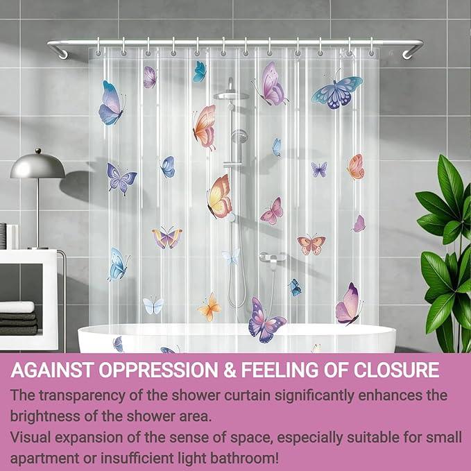 CAPQL Clear Butterfly Shower Curtain Liner, Colorful Plastic Transparent Pretty Shower Curtains for Bathroom, 72x72 Weighted Magnetic Shower Curtain Set with 12 Hooks - ModernBath