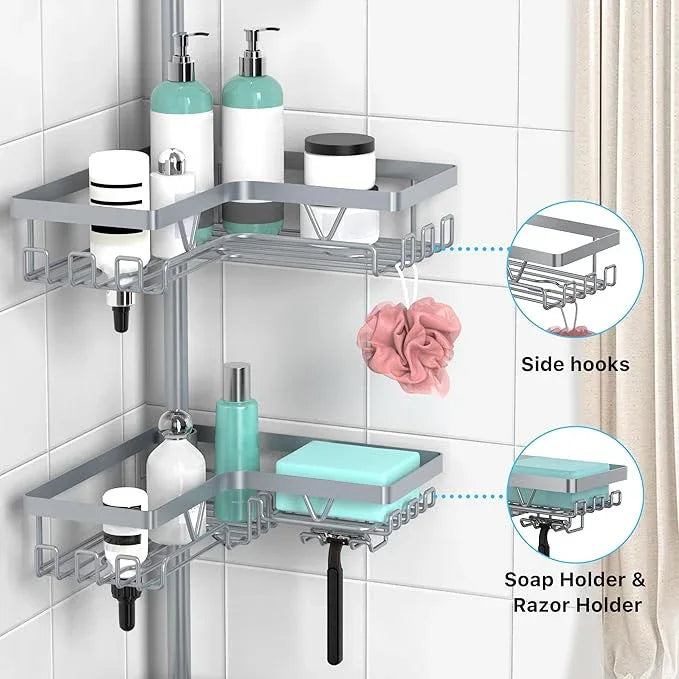 KEGII 4-Tier Corner Shower Caddy Tension Pole - Adjustable Shower Tension Rod Organizer, Floor to Ceiling Shower Caddy 25-114.2 inch, Shower Towel Rack Corner Waterproof, Light Gray - ModernBath