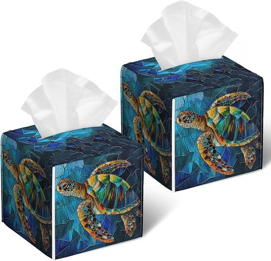Glass Sea Turtle Tissue Box Cover 2PCS, Leather Tissue Box Holder Square Facial Paper Case Tissue Box Cube Organizer for Bathroom Bedroom Desk Office - ModernBath