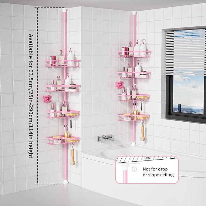KEGII Shower Caddy Tension Pole, 4-Tier Rustproof Adjustable Corner Bathroom Organizer for Renters, 25–114.2 Inch No Drill Space-Saving Shower Storage Rack, Pink - ModernBath