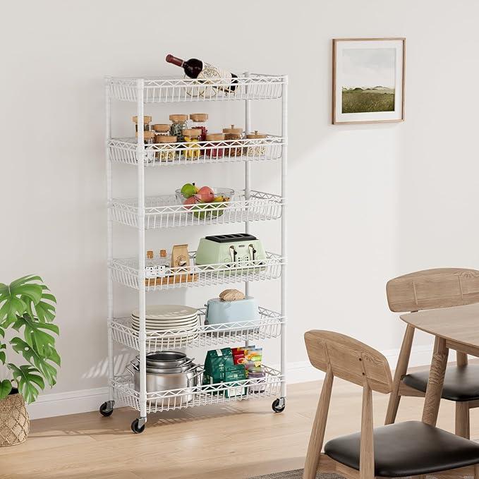 6 Shelves Storage Shelf Wire Closet Bathroom Organizers Metal Pantry Kitchen Garage Shelving Unit Laundry Room Organization Home Rack Net Basket White with Wheels 30" Dx14 Wx65 H - ModernBath