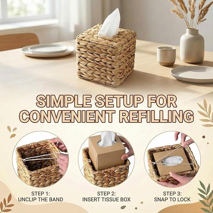 Rattan Tissue Box Cover, Square Wicker Tissue Box Holder, Handwoven Boho Decorative Cube Napkin Box, Rustic Water Hyacinth Tissue Holders for Bathroom Office Table Livingroom Local Stock - ModernBath