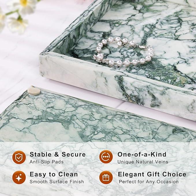 Homaura Marble Bathroom Tray for Countertop & Home Decor, Natural Decorative Marble Tray for Jewelry & Perfume Organizer, Luxury Stone Vanity Trays for Dresser, Kitchen Counter, 12" x 8", Jade Green - ModernBath