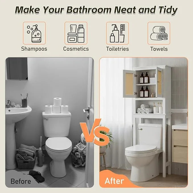 Over The Toilet Storage Cabinet, Behind Toilet Bathroom Organizer with Adjustable Shelves, Above Toilet Organizers with Rattan Door, Space Saver for Restroom, Bathroom, Laundry - ModernBath