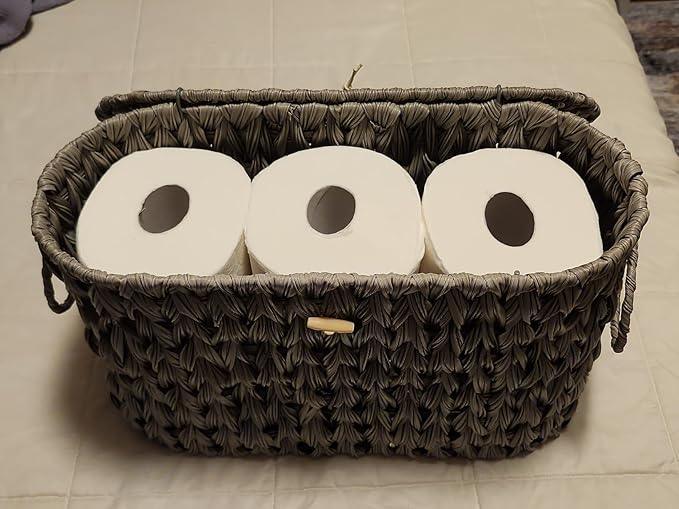 Toilet Paper Storage Basket with Lid,Wicker Toilet Paper Holder Stand,Narrow Decorative Woven Bathroom Basket Organizer,Free Standing Grey - ModernBath