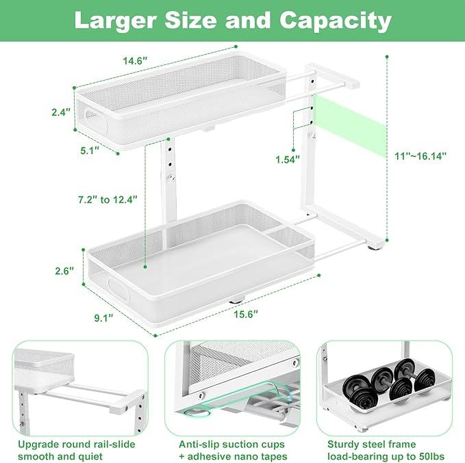 Under Sink Organizer, High Adjustable 2 Tier Under Sink Organizers and Storage, Slide Out Metal Cabinet Organizers, Pull Out Sink Storage Drawer Shelf for Kitchen Bathroom Cabinet, White, 2 Pack - ModernBath