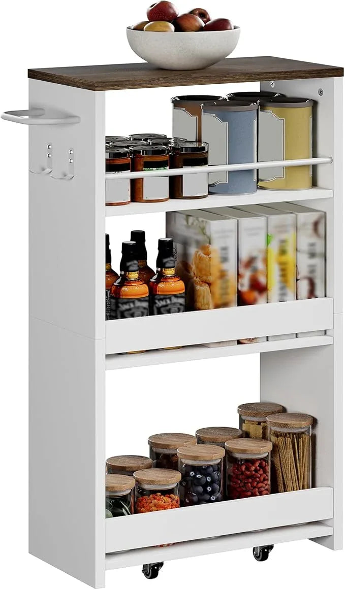 ChooChoo 4-Tier Slim Storage Cart with Handle, 7.87" W Rolling Utility Cart on Universal Wheels, Kitchen Cart Mobile Shelving Organization for Laundry Room, Bathroom & Narrow Places (Walnut & White) - ModernBath