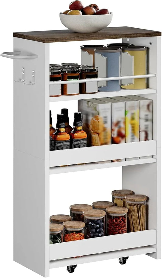 ChooChoo 4-Tier Slim Storage Cart with Handle, 7.87" W Rolling Utility Cart on Universal Wheels, Kitchen Cart Mobile Shelving Organization for Laundry Room, Bathroom & Narrow Places (Walnut & White) - ModernBath