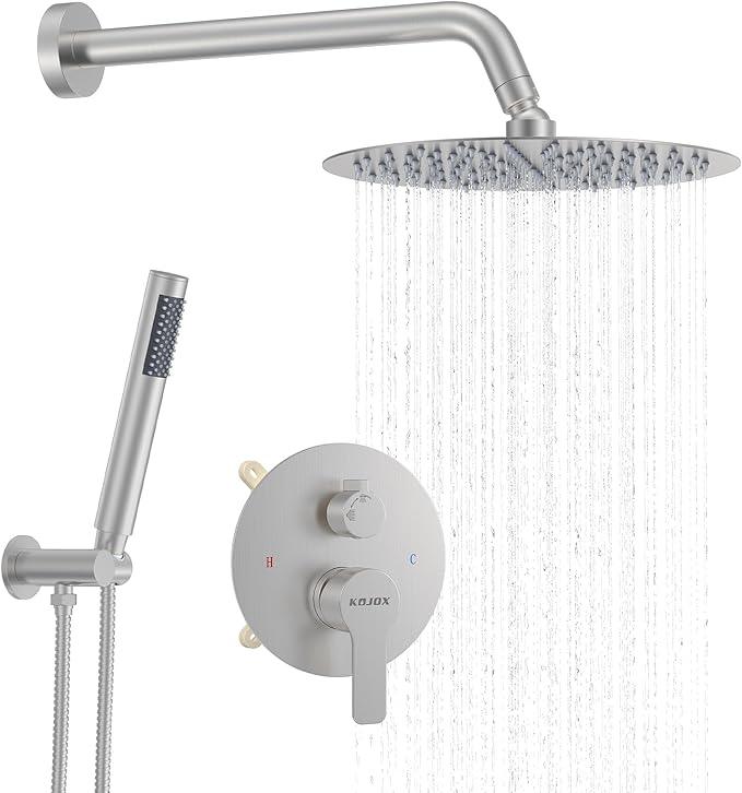 KOJOX 10 Inch Brushed Nickel Shower System with High Pressure Rain Shower Head, Handheld Shower Head, Bathroom Mixer Shower Set Wall Mounted Shower Faucet Rough-in Valve and Trim Kit - ModernBath