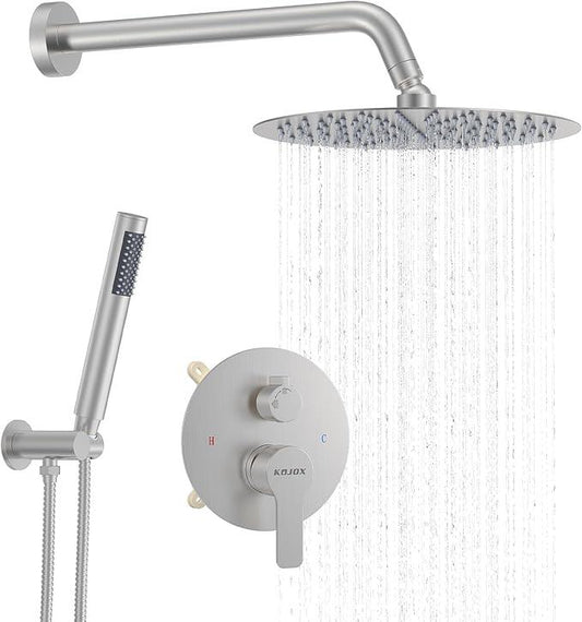 KOJOX 10 Inch Brushed Nickel Shower System with High Pressure Rain Shower Head, Handheld Shower Head, Bathroom Mixer Shower Set Wall Mounted Shower Faucet Rough-in Valve and Trim Kit - ModernBath