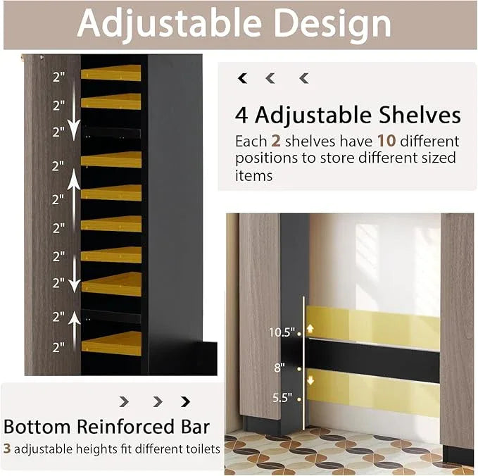 Giantex Over The Toilet Storage Cabinet, Double Door Freestanding Bathroom Organizer w/ 2 Open Compartments & 4 Adjustable Shelves, Bathroom Space Saver, Laundry Room Storage Rack (Black+Oak) - ModernBath