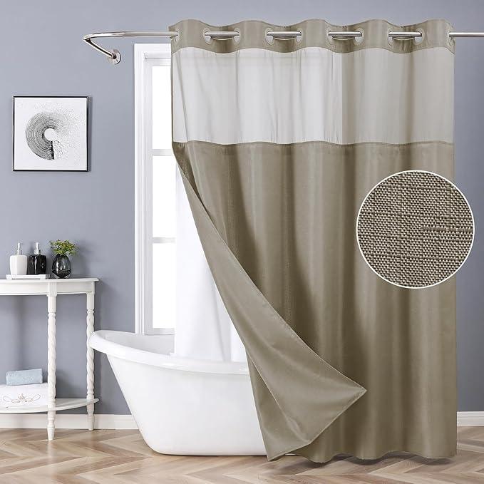 eachope Extra Long No Hook Shower Curtain with Snap-in Fabric Liner Set,Slub Textured Fabric Shower Curtains for bathroom,Hotel Style Modern Shower Curtain,Water Repellent,Washable,71x86(84),Tan/Khaki - ModernBath